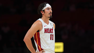 Oct 6, 2025; Miami, Florida, USA; Miami Heat guard Jaime Jaquez Jr. (11) looks on against the Milwaukee Bucks during the first quarter at Kaseya Center. Mandatory Credit: Sam Navarro-Imagn Images