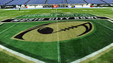 Dec 30, 2015; Nashville, TN, USA; General view of the Music City Bowl logo prior to the game between the Texas A&M Aggies and Louisville Cardinals in the 2015 Music City Bowl at Nissan Stadium. Mandatory Credit: Christopher Hanewinckel-Imagn Images