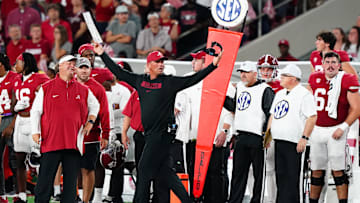 Sep 28, 2024; Tuscaloosa, Alabama, USA;  Alabama Crimson Tide head coach Kalen DeBoer asks for a pass interference call against the Georgia Bulldogs during the first half at Bryant-Denny Stadium. Mandatory Credit: John David Mercer-Imagn Images