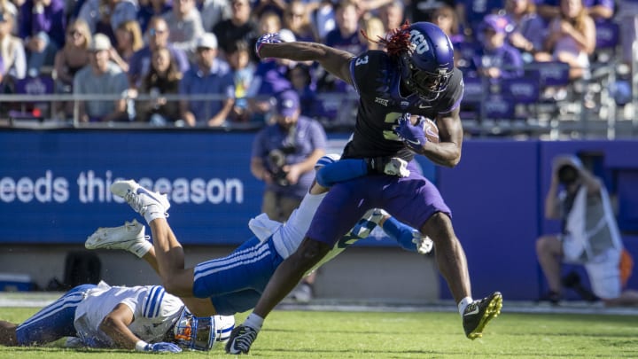 Oct 14, 2023; Fort Worth, Texas, USA; TCU Horned Frogs wide receiver Savion Williams (3) in action during the game between the TCU Horned Frogs and the Brigham Young Cougars at Amon G. Carter Stadium. Mandatory Credit: Jerome Miron-USA TODAY Sports