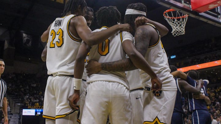 Nov. 8, 2024; Columbia, Missouri, USA; Missouri Tigers guards gather to discuss during a quick break in play against the Howard Bison.