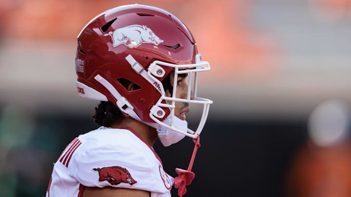 Sep 7, 2024; Stillwater, Oklahoma, USA; Arkansas Razorbacks wide receiver Isaiah Sategna (6) on the field prior to the game against the Oklahoma State Cowboys at Boone Pickens Stadium. Mandatory Credit: William Purnell-Imagn Images