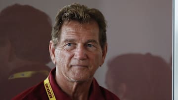 Jul 26, 2018; Richmond, VA, USA; Former Washington Redskins quarterback Joe Theismann listens as Redskins quarterback Alex Smith (not pictured) speaks with the media after practice on day one of Redskins training camp at Bon Secours Washington Redskins Training Cent. Mandatory Credit: Geoff Burke-Imagn Images