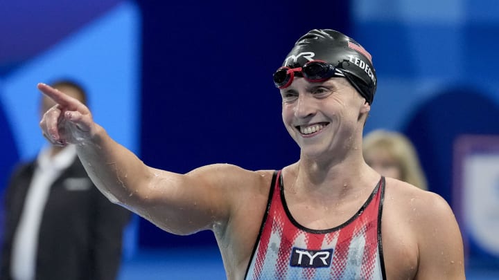 Aug 3, 2024; Nanterre, France; Katie Ledecky (USA) in the women’s 800-meter freestyle final during the Paris 2024 Olympic Summer Games at Paris La Défense Arena. 