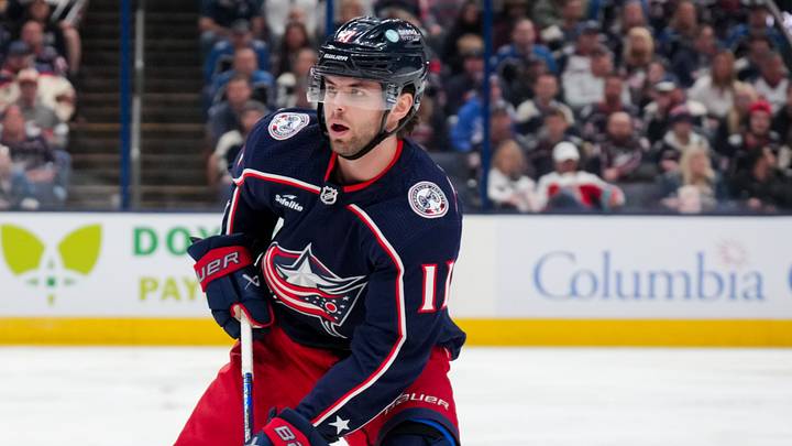 Oct 12, 2023; Columbus, Ohio, USA;  Columbus Blue Jackets center Adam Fantilli (11) skates against the Philadelphia Flyers in the first period at Nationwide Arena. Mandatory Credit: Aaron Doster-USA TODAY Sports