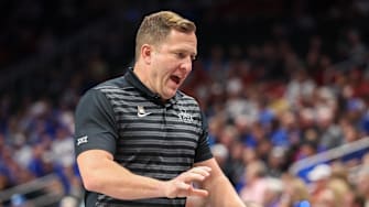 Mar 13, 2025; Kansas City, MO, USA; Iowa State Cyclones coach TJ Otzelberger during the first half against the Brigham Young Cougars at T-Mobile Center. 