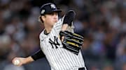 Oct 8, 2025; Bronx, New York, USA; New York Yankees pitcher Cam Schlittler (31) pitches during the fifth inning against the Toronto Blue Jays during game four of the ALDS round for the 2025 MLB playoffs at Yankee Stadium. Mandatory Credit: Brad Penner-Imagn Images
