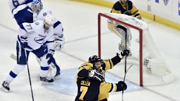 May 16, 2016; Pittsburgh, PA, USA; Pittsburgh Penguins center Sidney Crosby (87) and Matt Cullen (7) celebrate after Crosby scored the winning goal against Tampa Bay Lightning goalie Andrei Vasilevskiy (88) during the overtime period in game two of the Eastern Conference Final of the 2016 Stanley Cup Playoffs at Consol Energy Center. Pittsburgh won 3-2 in OT.Mandatory Credit: Don Wright-Imagn Images