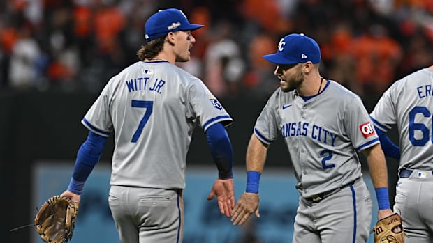 Kansas City Royals shortstop Bobby Witt Jr. and outfielder Garrett Hampson