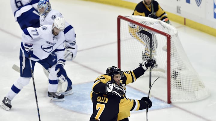May 16, 2016; Pittsburgh, PA, USA; Pittsburgh Penguins center Sidney Crosby (87) and Matt Cullen (7) celebrate after Crosby scored the winning goal against Tampa Bay Lightning goalie Andrei Vasilevskiy (88) during the overtime period in game two of the Eastern Conference Final of the 2016 Stanley Cup Playoffs at Consol Energy Center. Pittsburgh won 3-2 in OT.Mandatory Credit: Don Wright-Imagn Images