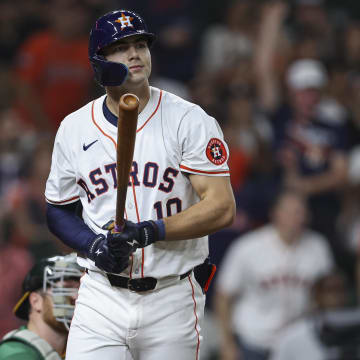 May 16, 2024; Houston, Texas, USA; Houston Astros left fielder Joey Loperfido (10) watches a home run hit during the third inning against the Oakland Athletics at Minute Maid Park.