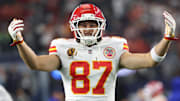 Nov 27, 2025; Arlington, Texas, USA; Kansas City Chiefs tight end Travis Kelce (87) warms up prior to the game against the Dallas Cowboys at AT&T Stadium. Mandatory Credit: Kevin Jairaj-Imagn Images
