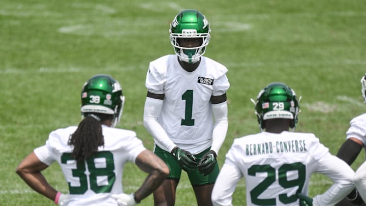 Jun 11, 2025; Florham Park, NY, USA; New York Jets cornerback Sauce Gardner (1) participates in a drill during minicamp at Atlantic Health Jets Training Center. Mandatory Credit: John Jones-Imagn Images Jun 11, 2025; Florham Park, NY, USA; New York Jets cornerback Sauce Gardner (1) participates in a drill during minicamp at Atlantic Health Jets Training Center. Mandatory Credit: John Jones-Imagn Images