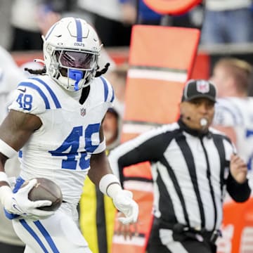 Dec 10, 2023; Cincinnati, Ohio, USA; Indianapolis Colts safety Ronnie Harrison Jr. (48) rushes for a touchdown after intercepting a pass at Paycor Stadium. Mandatory Credit: Bob Scheer-Imagn Images