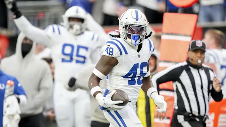 Dec 10, 2023; Cincinnati, Ohio, USA; Indianapolis Colts safety Ronnie Harrison Jr. (48) rushes for a touchdown after intercepting a pass at Paycor Stadium. Mandatory Credit: Bob Scheer-Imagn Images