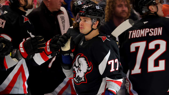 Apr 8, 2025; Buffalo, New York, USA; Buffalo Sabres right wing JJ Peterka (77) celebrates his goal with teammates during the third period against the Carolina Hurricanes at KeyBank Center. Mandatory Credit: Timothy T. Ludwig-Imagn Images Apr 8, 2025; Buffalo, New York, USA; Buffalo Sabres right wing JJ Peterka (77) celebrates his goal with teammates during the third period against the Carolina Hurricanes at KeyBank Center. Mandatory Credit: Timothy T. Ludwig-Imagn Images