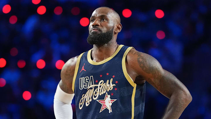 Feb 15, 2026; Inglewood, California, USA; Team USA Stripes forward LeBron James (23) of the Los Angeles Lakers looks on in game two against Team Starsduring the 75th NBA All Star Game at Intuit Dome. Mandatory Credit: Kirby Lee-Imagn Images