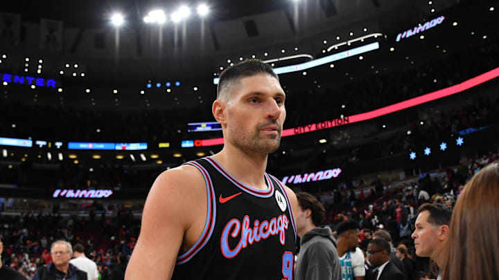 Jan 3, 2026; Chicago, Illinois, USA; Chicago Bulls center Nikola Vucevic (9) walks off the court after the game against the Charlotte Hornets at United Center. Mandatory Credit: Patrick Gorski-Imagn Images