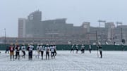 It's a snowy Thursday in Green Bay as the Packers practice before hosting the Saints on Monday.