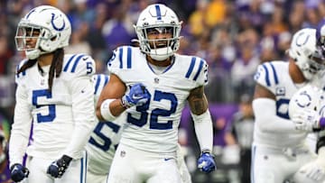 Dec 17, 2022; Minneapolis, Minnesota, USA; Indianapolis Colts safety Julian Blackmon (32) reacts to