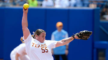 Texas pitcher Mac Morgan (55) throws a pitch during a Women's College World Series softball game between the Tennessee Volunteers and the Texas Longhorns at Devon Park in Oklahoma City, Monday, June 2, 2025. Texas won 2-0.