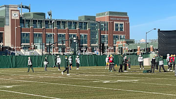 The Packers practice during a sunny Thursday in Green Bay as they get ready for their playoff game against the Eagles.