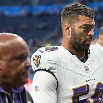 Oct 15, 2023; London, United Kingdom;  Baltimore Ravens linebacker Kyle Van Noy (50)after an NFL International Series game at Tottenham Hotspur Stadium. Mandatory Credit: Peter van den Berg-Imagn Images