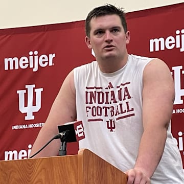 Indiana center Pat Coogan speaks to the media on March 27, 2025.
