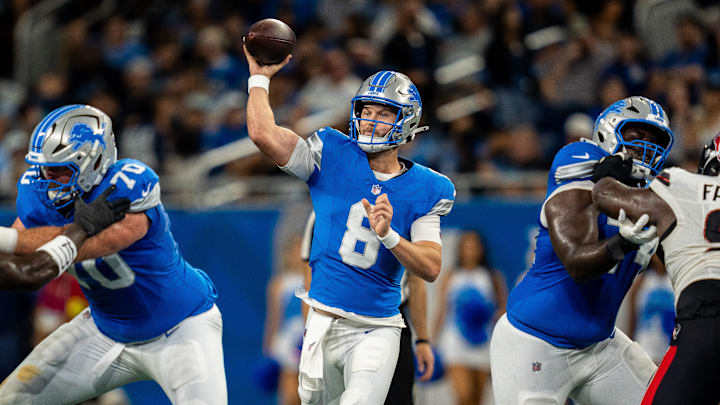 Detroit Lions quarterback Kyle Allen (8) throws a pass during the first half of the pre-season game against the Houston Texans at Ford Field in Detroit on Saturday, Aug. 23, 2025.