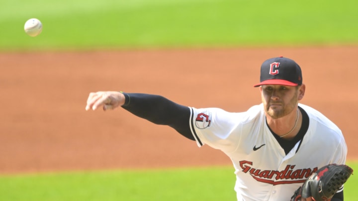 Jun 22, 2024; Cleveland, Ohio, USA; Cleveland Guardians starting pitcher Ben Lively (39) delivers a pitch in the first inning against the Toronto Blue Jays at Progressive Field.