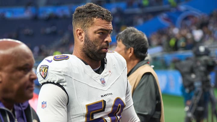 Oct 15, 2023; London, United Kingdom;  Baltimore Ravens linebacker Kyle Van Noy (50)after an NFL International Series game at Tottenham Hotspur Stadium. Mandatory Credit: Peter van den Berg-Imagn Images