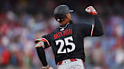 Sep 27, 2025; Philadelphia, Pennsylvania, USA; Minnesota Twins outfielder Byron Buxton (25) reacts to his home run during the first inning against the Philadelphia Phillies at Citizens Bank Park. Mandatory Credit: Bill Streicher-Imagn Images