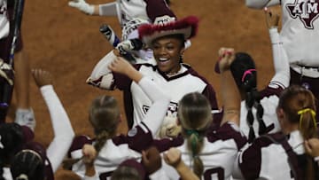 May 8, 2025; Athens, GA, USA; Texas A&M infielder Kennedy Powell (1) reacts to her two-run homer with teammates during a game against South Carolina at Jack Turner Stadium. Mandatory Credit: Mady Mertens-Imagn Images