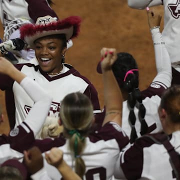 May 8, 2025; Athens, GA, USA; Texas A&M infielder Kennedy Powell (1) reacts to her two-run homer with teammates during a game against South Carolina at Jack Turner Stadium. Mandatory Credit: Mady Mertens-Imagn Images
