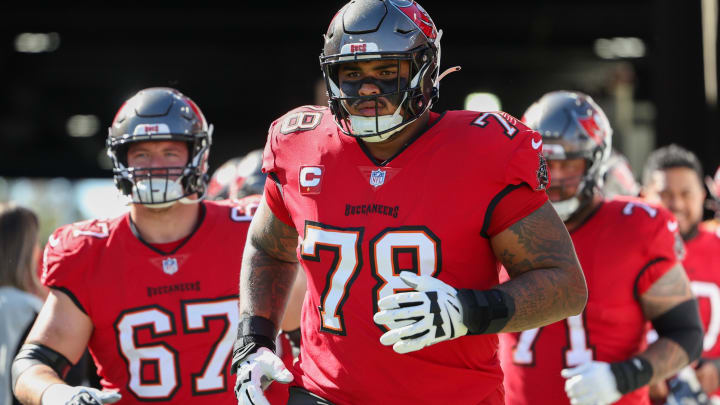 Dec 31, 2023; Tampa, Florida, USA;  Tampa Bay Buccaneers offensive tackle Tristan Wirfs (78) warms up before a game against the New Orleans Saints at Raymond James Stadium. Mandatory Credit: Nathan Ray Seebeck-USA TODAY Sports