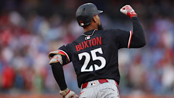 Sep 27, 2025; Philadelphia, Pennsylvania, USA; Minnesota Twins outfielder Byron Buxton (25) reacts to his home run during the first inning against the Philadelphia Phillies at Citizens Bank Park. Mandatory Credit: Bill Streicher-Imagn Images