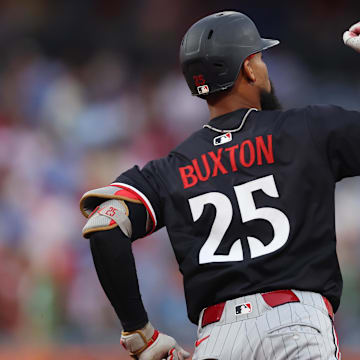 Sep 27, 2025; Philadelphia, Pennsylvania, USA; Minnesota Twins outfielder Byron Buxton (25) reacts to his home run during the first inning against the Philadelphia Phillies at Citizens Bank Park. Mandatory Credit: Bill Streicher-Imagn Images