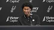 San Antonio first-round draft pick Dylan Harper reacts to a question from the media during a press conference.