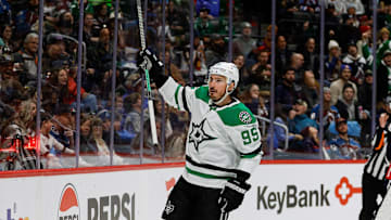 Jan 18, 2025; Denver, Colorado, USA; Dallas Stars center Matt Duchene (95) celebrates after his goal in the first period against the Colorado Avalanche at Ball Arena. Mandatory Credit: Isaiah J. Downing-Imagn Images