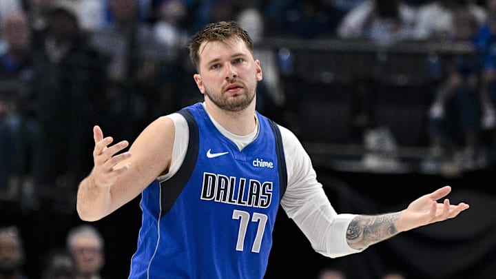 Mar 5, 2024; Dallas, Texas, USA; Dallas Mavericks guard Luka Doncic (77) reacts to a foul call during the second quarter against the Indiana Pacers at the American Airlines Center. Mandatory Credit: Jerome Miron-Imagn Images