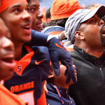 Sep 7, 2024; Syracuse, New York, USA; Syracuse Orange head coach Fran Brown celebrates with his team after a win against the Georgia Tech Yellow Jackets at the JMA Wireless Dome. 