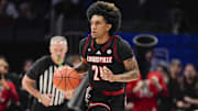 Mar 15, 2025; Charlotte, NC, USA; Louisville Cardinals guard Chucky Hepburn (24) brings the ball up court against the Duke Blue Devils during the 2025 ACC Conference Championship game at Spectrum Center. Mandatory Credit: Jim Dedmon-Imagn Images