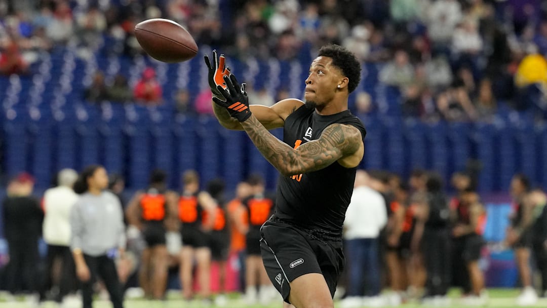 Feb 28, 2026; Indianapolis, IN, USA; Miami wideout CJ Daniels (WO18) during the NFL Scouting Combine at Lucas Oil Stadium. Mandatory Credit: Kirby Lee-Imagn Images