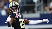 Sep 15, 2024; Arlington, Texas, USA;  New Orleans Saints wide receiver Rashid Shaheed (22) celebrates after catching a touchdown pass during the first quarter against the Dallas Cowboys at AT&T Stadium.