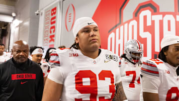 Jan 20, 2025; Atlanta, GA, USA; Ohio State Buckeyes defensive tackle Hero Kanu (93) against the Notre Dame Fighting Irish during the CFP National Championship college football game at Mercedes-Benz Stadium. Mandatory Credit: Mark J. Rebilas-Imagn Images