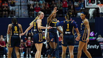 Aug 17, 2025; Uncasville, Connecticut, USA; The Indiana Fever react during a time against the Connecticut Sun in overtime at Mohegan Sun Arena. Mandatory Credit: David Butler II-Imagn Images