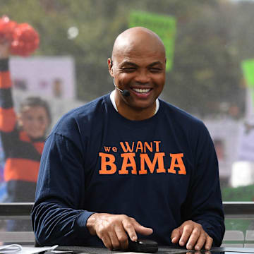 Nov 25, 2017; Auburn, AL, USA; Charles Barkley and Lee Corso on College GameDay before the game between the Auburn Tigers and the Alabama Crimson Tide at Jordan-Hare Stadium. Mandatory Credit: Christopher Hanewinckel-Imagn Images