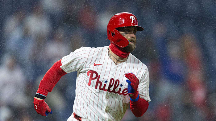 Apr 2, 2024; Philadelphia, Pennsylvania, USA; Philadelphia Phillies first baseman Bryce Harper (3)