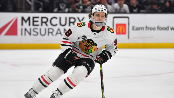 Apr 18, 2024; Los Angeles, California, USA; Chicago Blackhawks center Connor Bedard (98) in action against the Los Angeles Kings during the third period at Crypto.com Arena. Mandatory Credit: Gary A. Vasquez-USA TODAY Sports