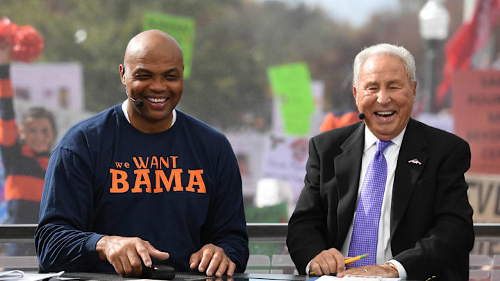 Nov 25, 2017; Auburn, AL, USA; Charles Barkley and Lee Corso on College GameDay before the game between the Auburn Tigers and the Alabama Crimson Tide at Jordan-Hare Stadium. Mandatory Credit: Christopher Hanewinckel-Imagn Images